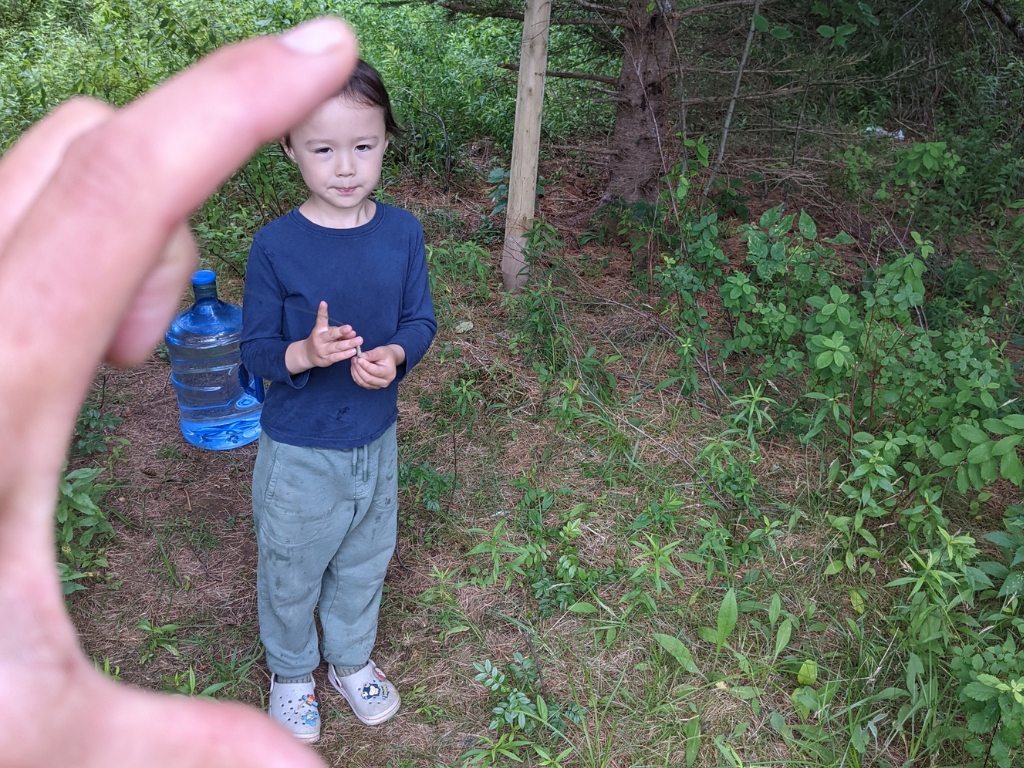 child framed between fingers creating a playful size illusion outdoors